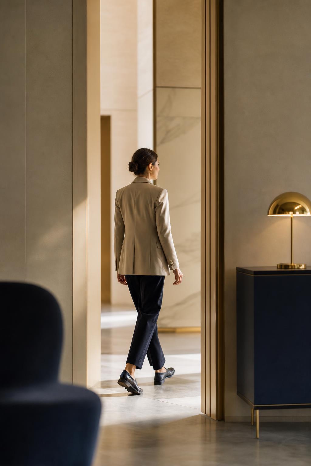 A professional walking through a tall, light-filled doorway into a modern space